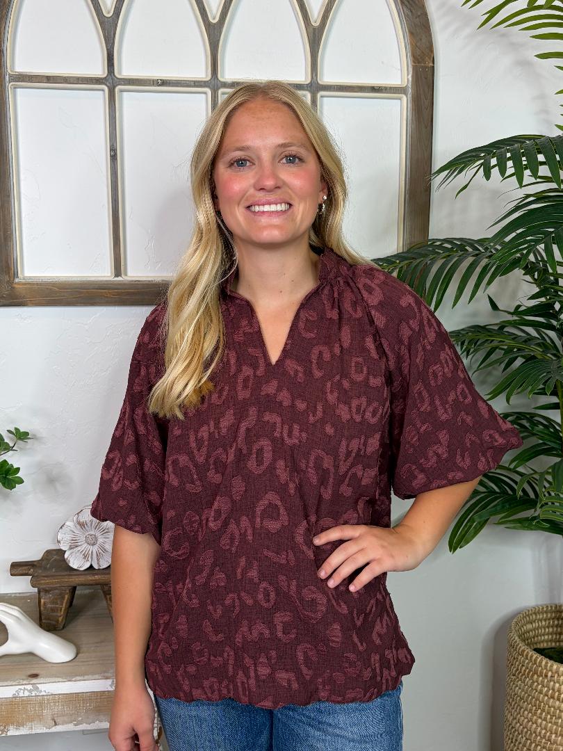 Maroon or Tan Leopard Sheer Lined Blouse