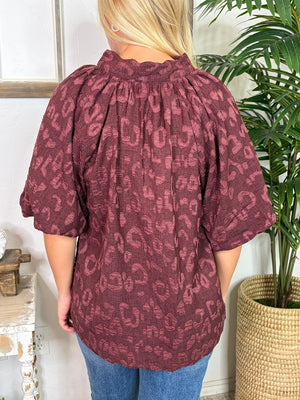 Maroon or Tan Leopard Sheer Lined Blouse