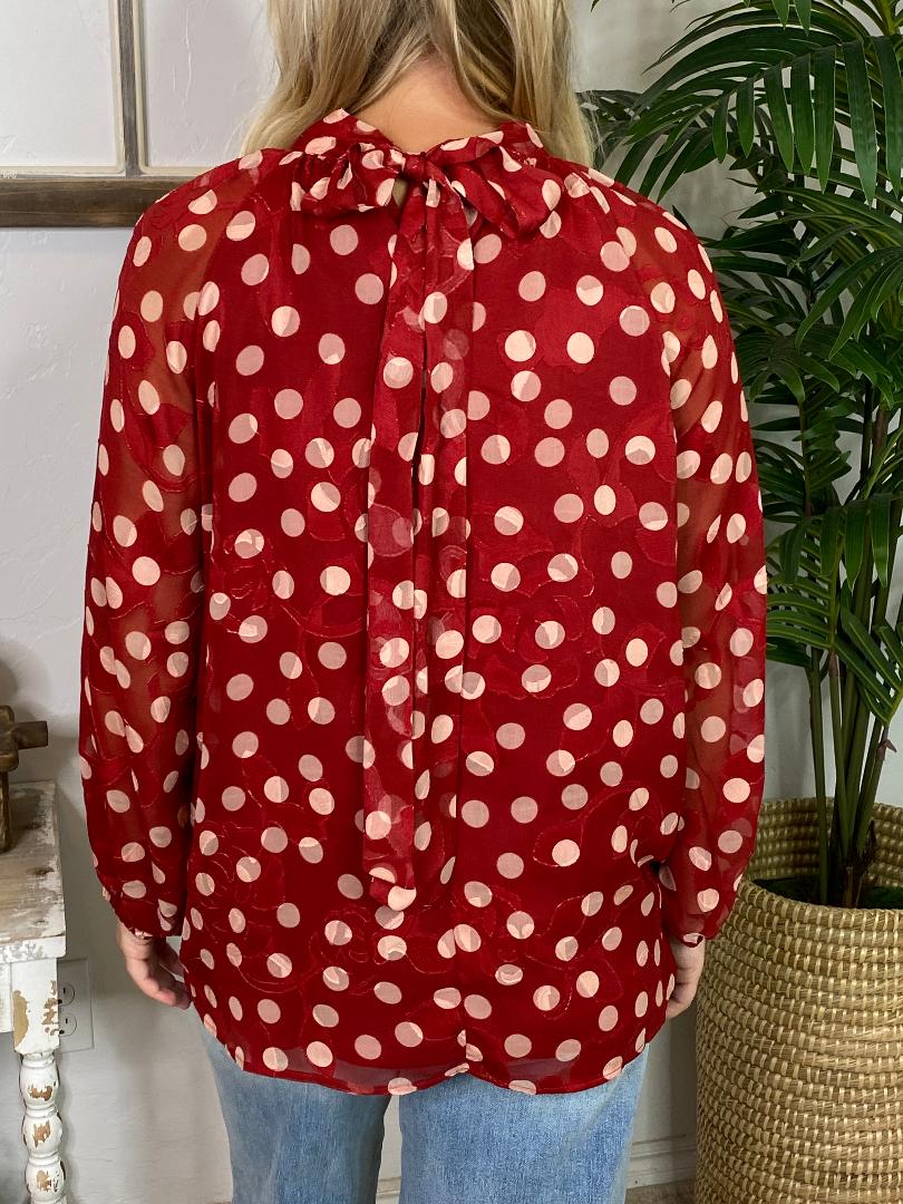 Red and Cream Polka Dot Top with Ribbon Tie Neck