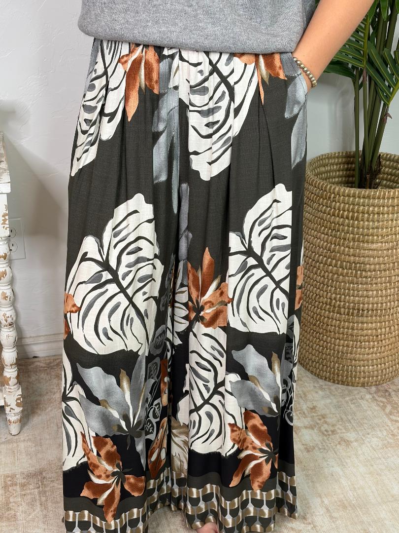 Espresso Palm Printed Wide Leg Pants