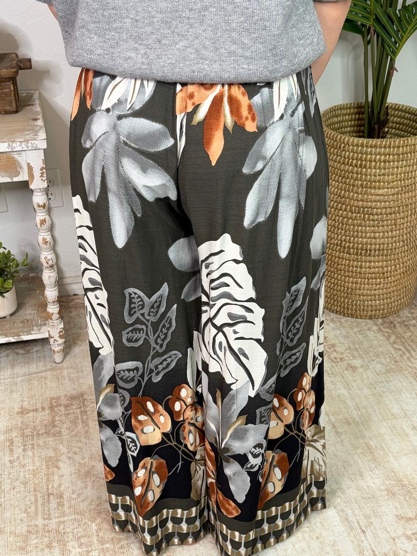 Espresso Palm Printed Wide Leg Pants