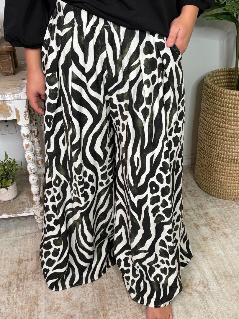 Zebra Print Olive and Black Wide Leg Pants with Pockets S-2XL