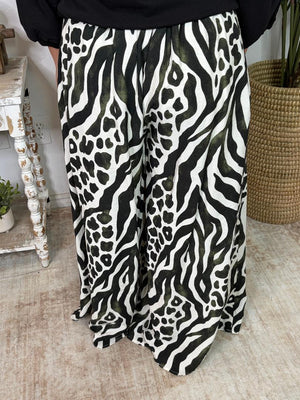 Zebra Print Olive and Black Wide Leg Pants with Pockets S-2XL