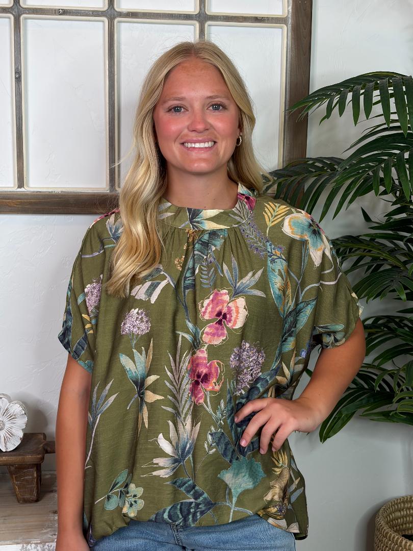 Olive Floral Blouse with Tie on Back S-2XL