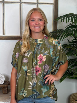 Olive Floral Blouse with Tie on Back S-2XL