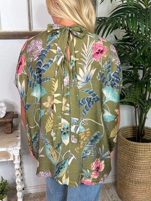 Olive Floral Blouse with Tie on Back S-2XL