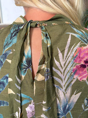Olive Floral Blouse with Tie on Back S-2XL