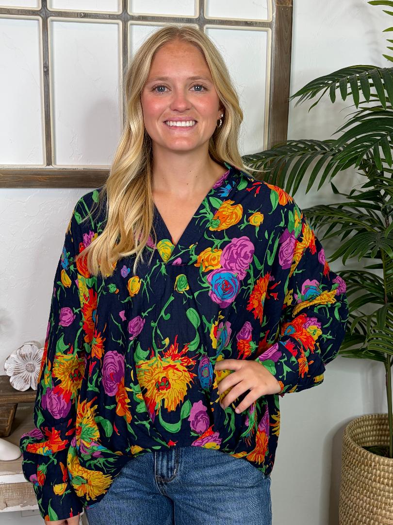 Navy with Bright Floral Blouse