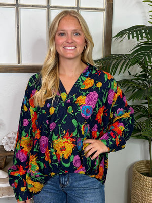 Navy with Bright Floral Blouse