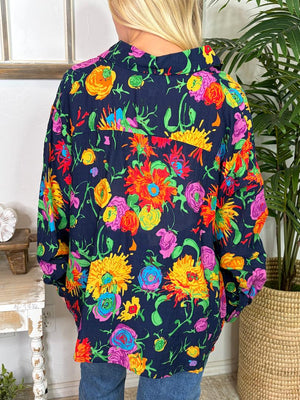 Navy with Bright Floral Blouse