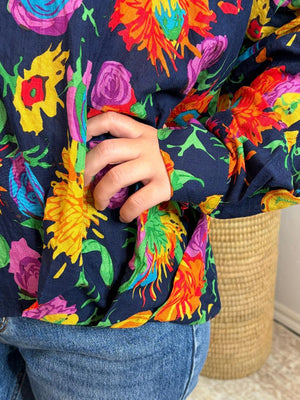 Navy with Bright Floral Blouse
