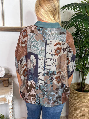 Slate Blue Floral Patchwork Blouse