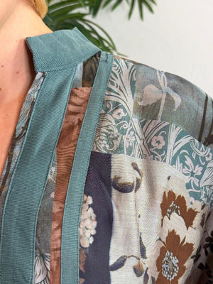 Slate Blue Floral Patchwork Blouse