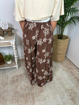 Brown with Cream Floral Wide Leg Pants with Pockets