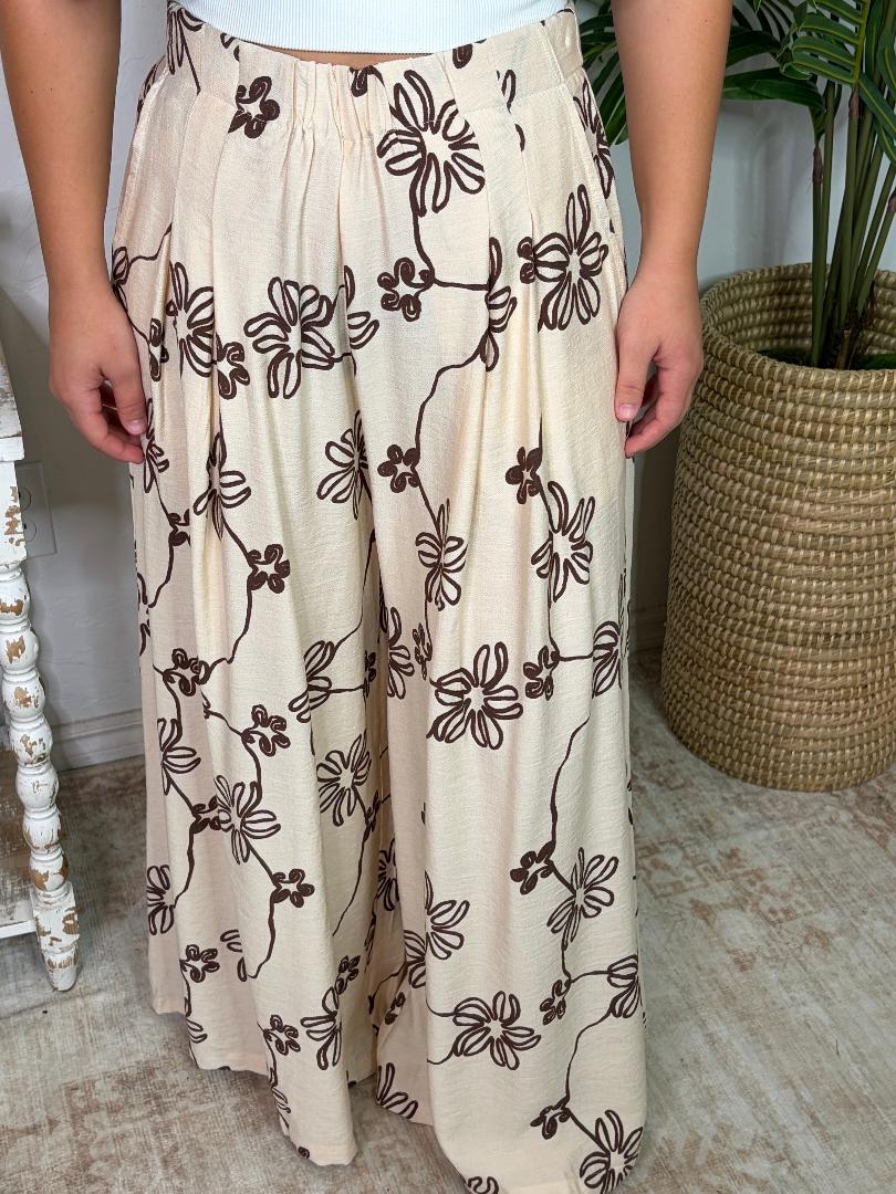 Ecru with Brown Floral Wide Leg Pants with Pockets