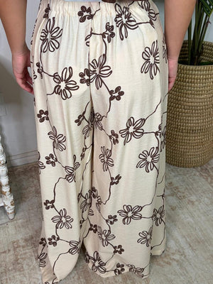 Ecru with Brown Floral Wide Leg Pants with Pockets