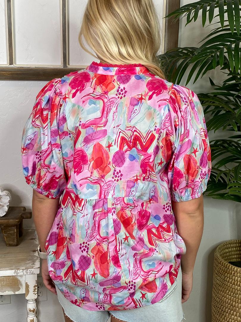 Bright Floral V-Neck Blouse with Lace Trim