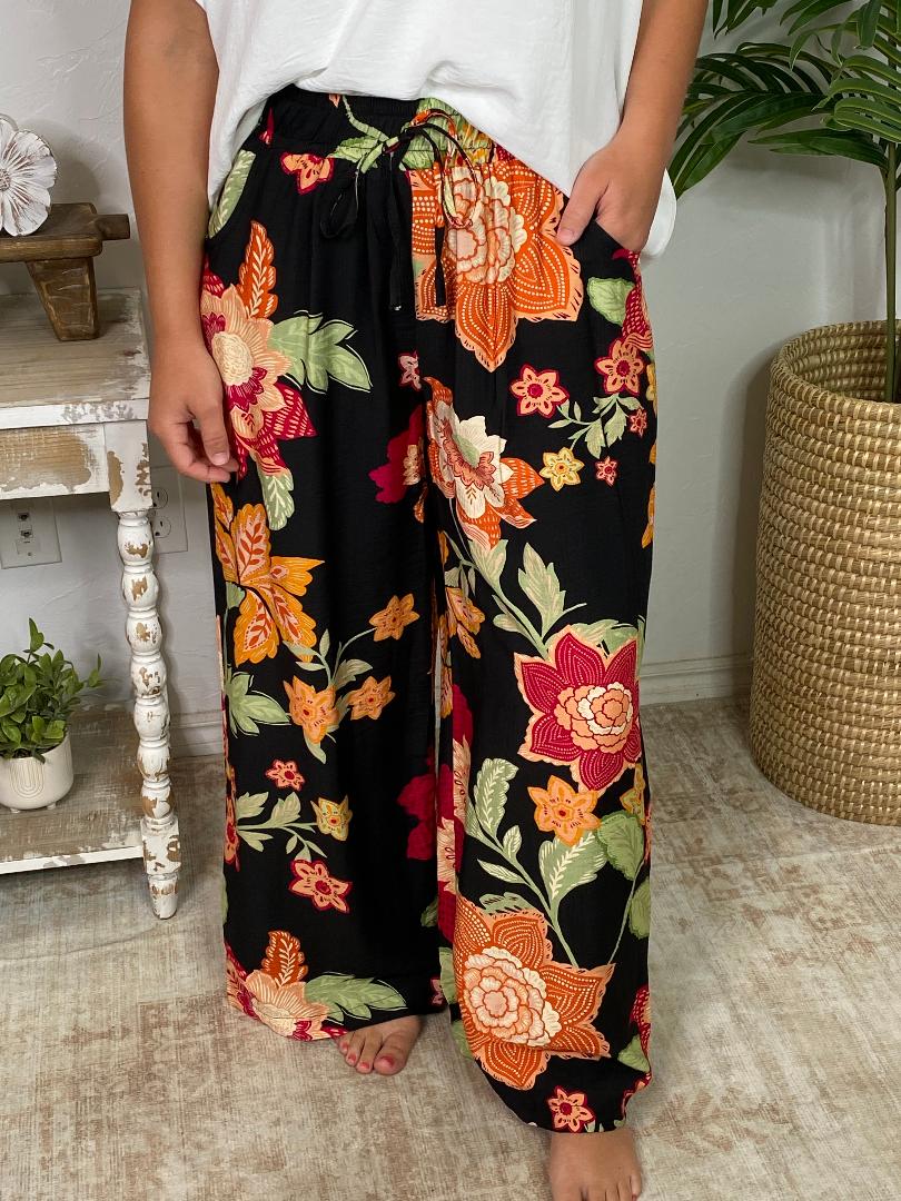 Black with Bright Flowers Wide Leg Pants