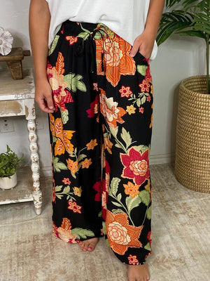 Black with Bright Flowers Wide Leg Pants