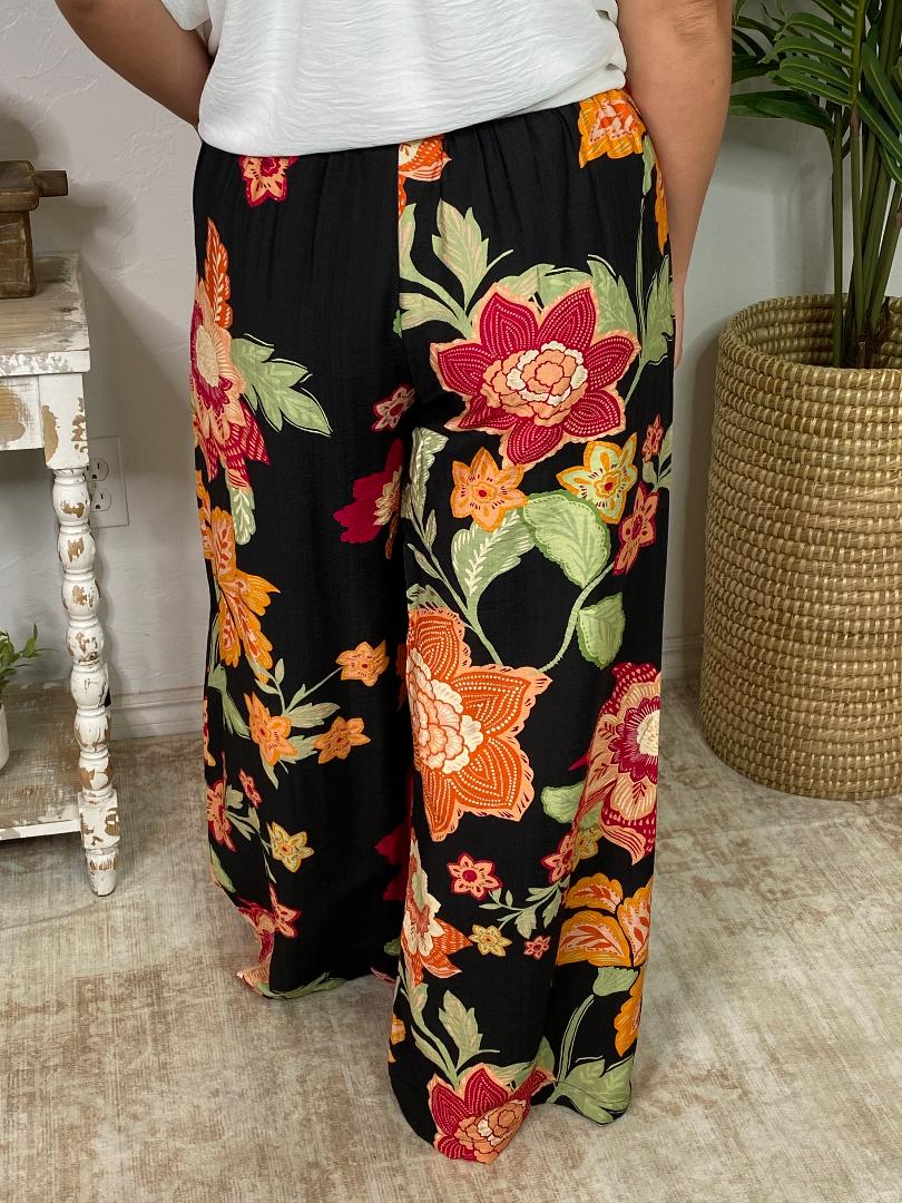 Black with Bright Flowers Wide Leg Pants