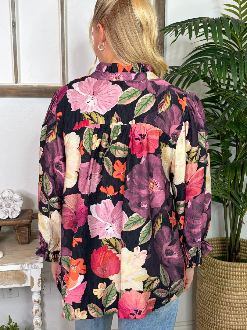 Black Floral Button Down Top S-2XL