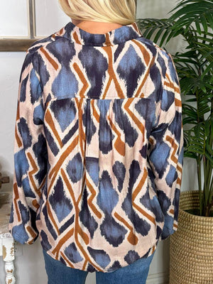 Navy Abstract Top with Front Tie