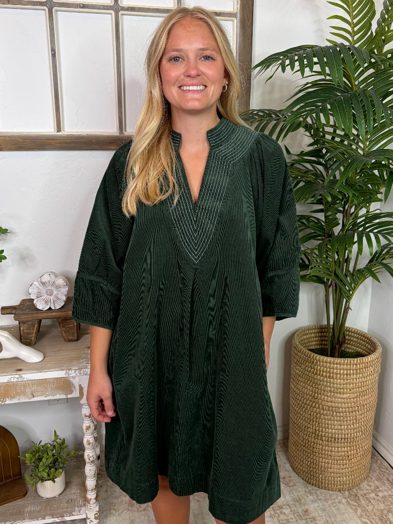 Hunter Green Corduroy Mini Dress with Contrast Stitching
