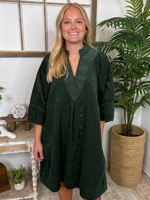 Hunter Green Corduroy Mini Dress with Contrast Stitching
