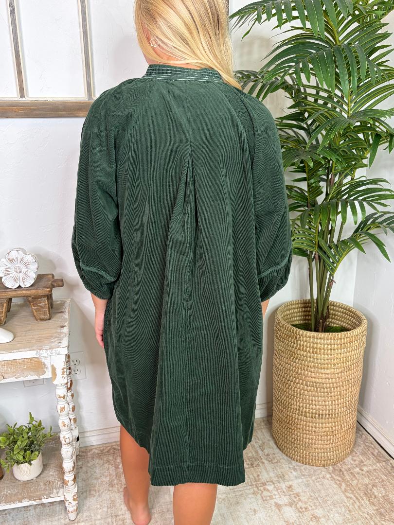 Hunter Green Corduroy Mini Dress with Contrast Stitching