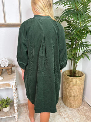 Hunter Green Corduroy Mini Dress with Contrast Stitching