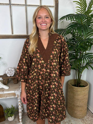 Brown Vintage Floral Corduroy Mini Dress