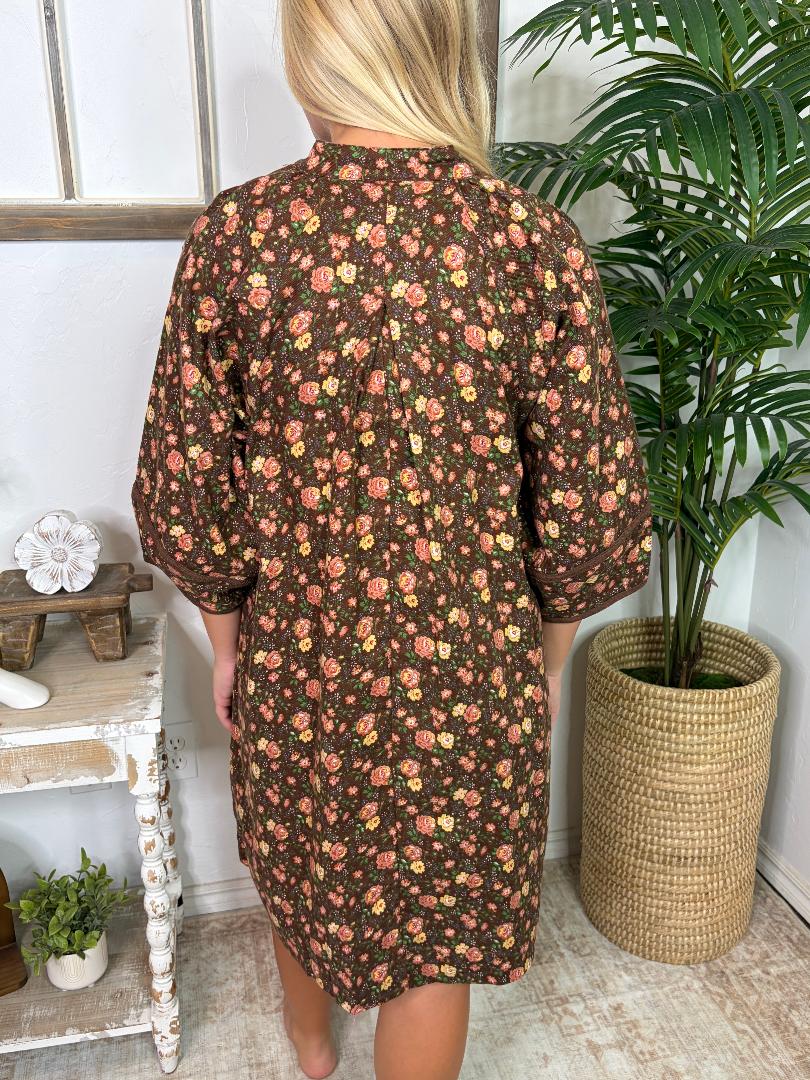 Brown Vintage Floral Corduroy Mini Dress