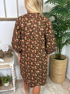 Brown Vintage Floral Corduroy Mini Dress