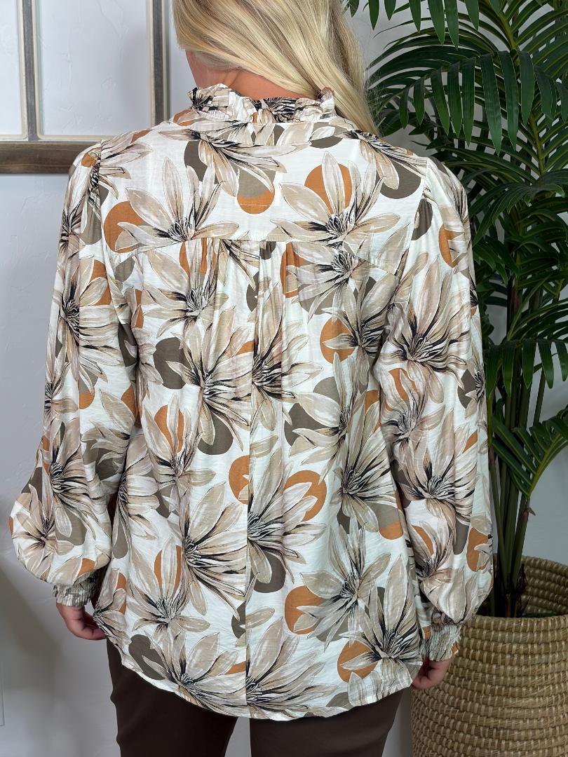 Taupe V-Neck Floral Blouse S-2XL