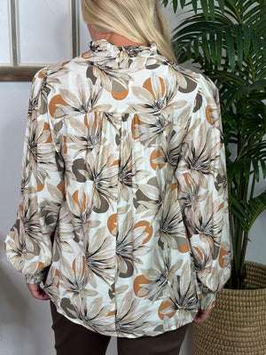 Taupe V-Neck Floral Blouse S-2XL