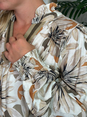 Taupe V-Neck Floral Blouse S-2XL