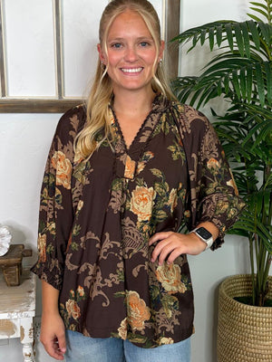 Brown Floral V-Neck Blouse with Lace Trim