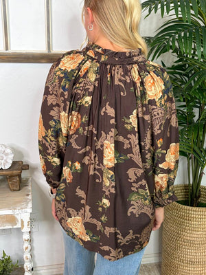 Brown Floral V-Neck Blouse with Lace Trim