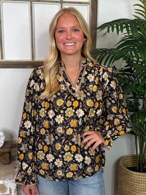 Floral V-Neck Top with Contrast Piping in Black and Olive