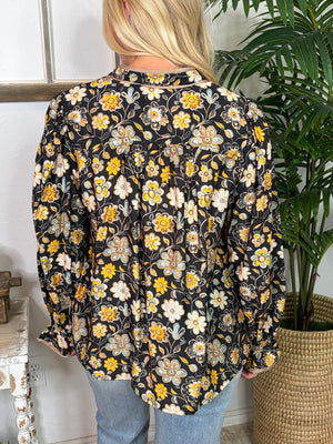 Floral V-Neck Top with Contrast Piping in Black and Olive