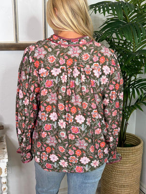 Floral V-Neck Top with Contrast Piping in Black and Olive