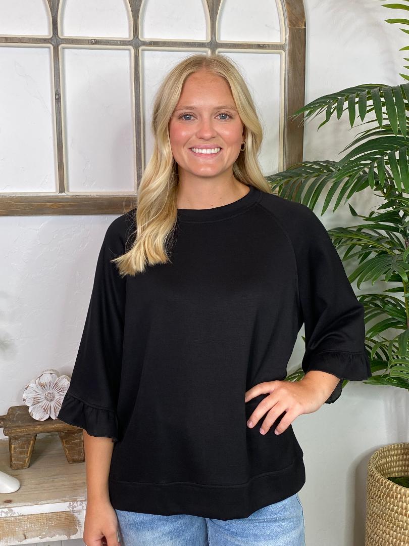 Black or Cream 3/4 Sleeve Top with Ruffle Hem