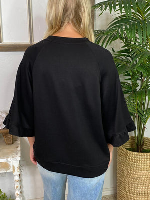 Black or Cream 3/4 Sleeve Top with Ruffle Hem