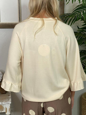 Black or Cream 3/4 Sleeve Top with Ruffle Hem