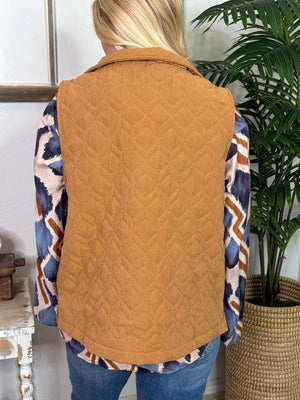 Camel Quilted Zip Up Vest with Pockets