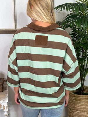 Striped Quarter Zip Corduroy Collar Pullover in 2 Colors