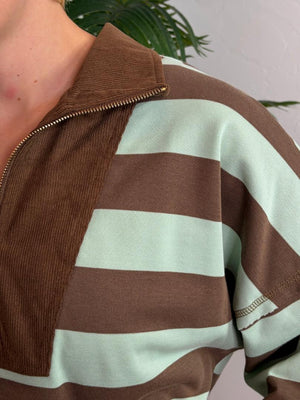 Striped Quarter Zip Corduroy Collar Pullover in 2 Colors