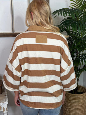 Striped Quarter Zip Corduroy Collar Pullover in 2 Colors
