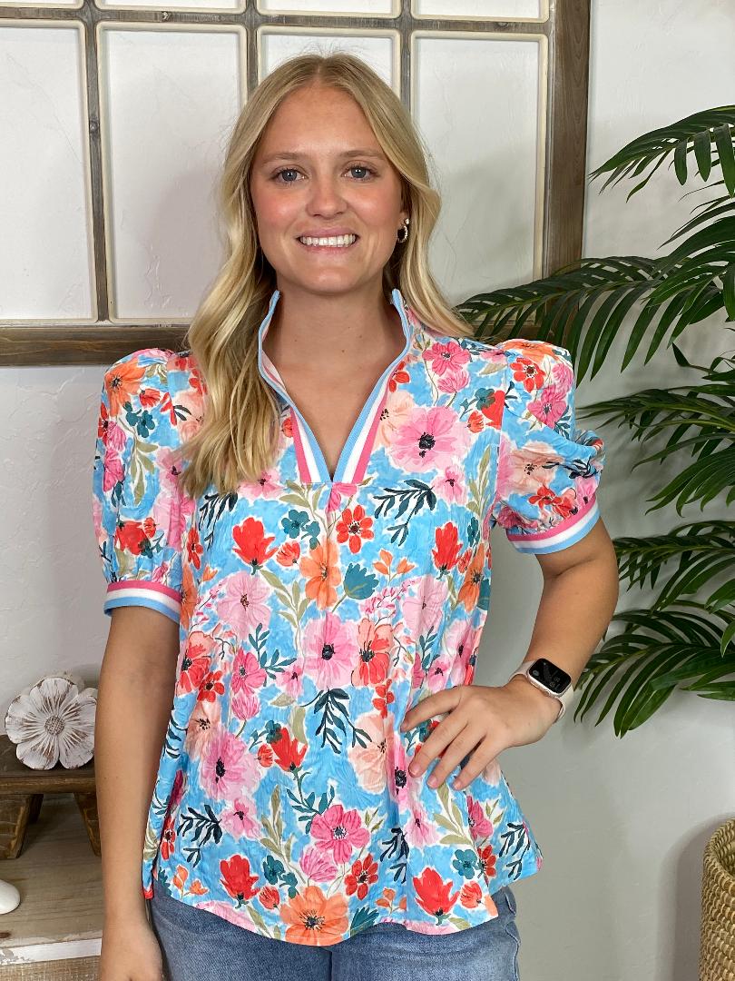 Pink and Blue Floral Top with Stripe Band Details