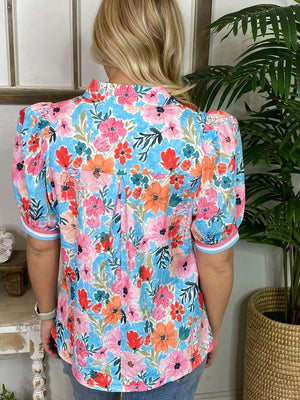 Pink and Blue Floral Top with Stripe Band Details